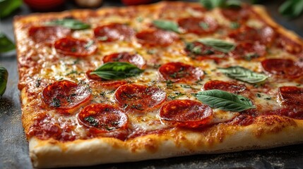 Mouthwatering rectangular pepperoni pizza garnished with fresh basil on a rustic background ideal for food advertisements and culinary projects