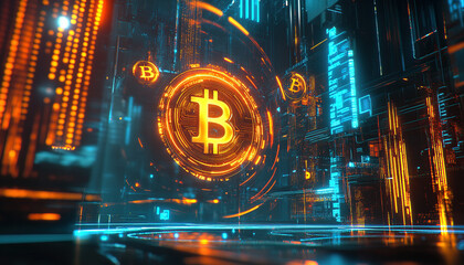 Obraz premium Bitcoin in a neon world full of technological details