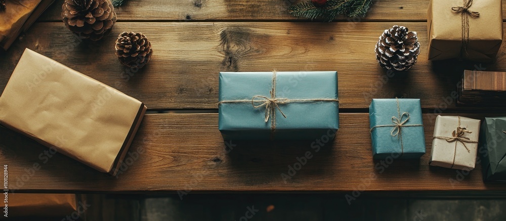 Poster christmas gift boxes and holiday decorations arranged on rustic wooden table with pine cones and gre