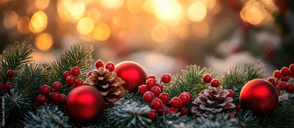 Aufkleber Christmas decorations with red ornaments and pinecones on a wooden surface creating a festive holiday atmosphere with warm bokeh lights