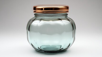 Clear glass storage jar with copper lid isolated on a white background showcasing ample space for product labels or text customization