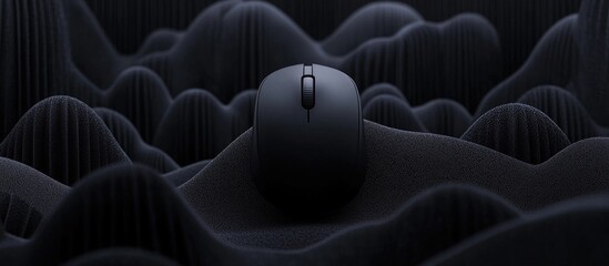Obraz premium Modern black computer mouse positioned on textured surface, symbolizing innovation in technology and sleek design aesthetics.