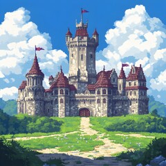 Fototapeta premium A pixel art illustration of an European castle