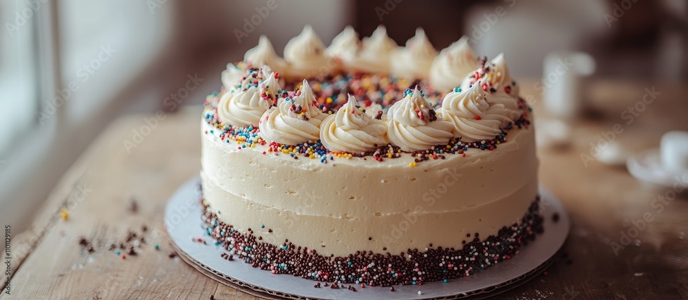 Aufkleber delicious birthday cake with chocolate and vanilla frosting topped with colorful sprinkles on a rust