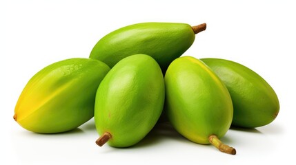 Obraz premium Fresh green mangoes arranged on a white background showcasing their vibrant color and natural texture ideal for food and health concepts