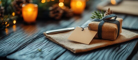 Festive Table Setting with Gift and Blank Tag on Linen Napkin Against Rustic Wooden Background Ideal for Holiday Celebrations and Invitations