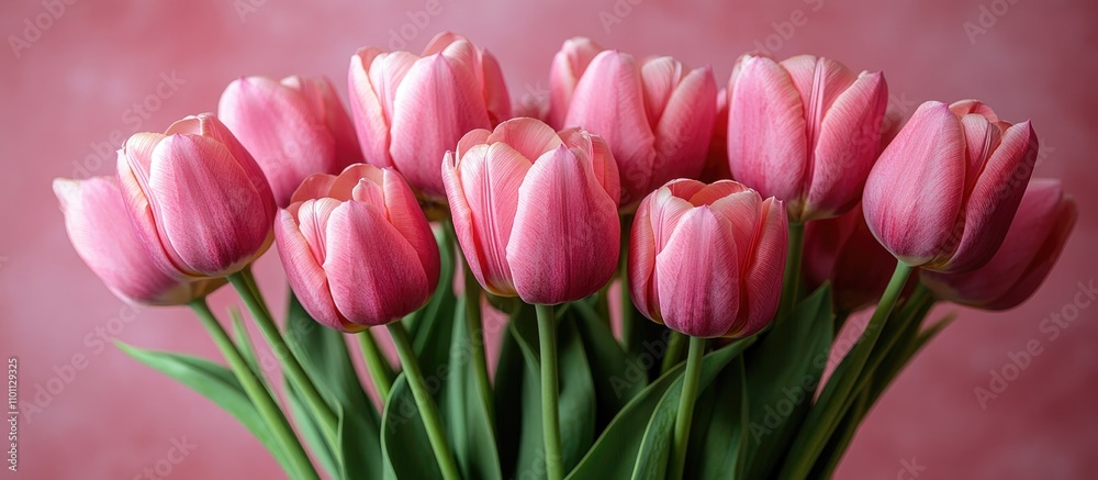 Poster bouquet of delicate pink tulips on soft pink background ideal for celebration invitations or greetin