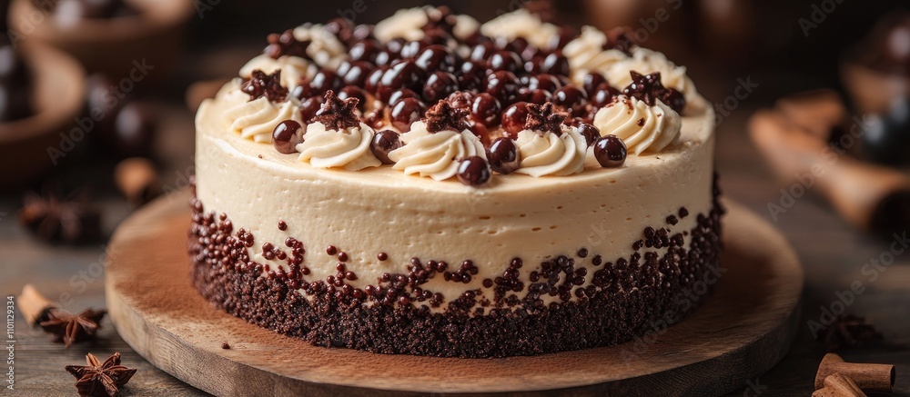 Poster chocolate cake decorated with cream and chocolate toppings on a wooden board with a warm backdrop an