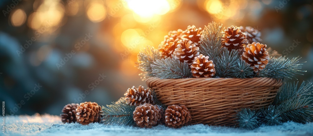 Poster Christmas decorations with pine cones and spruce branches in a wicker basket on a sunlit table with a soft winter background
