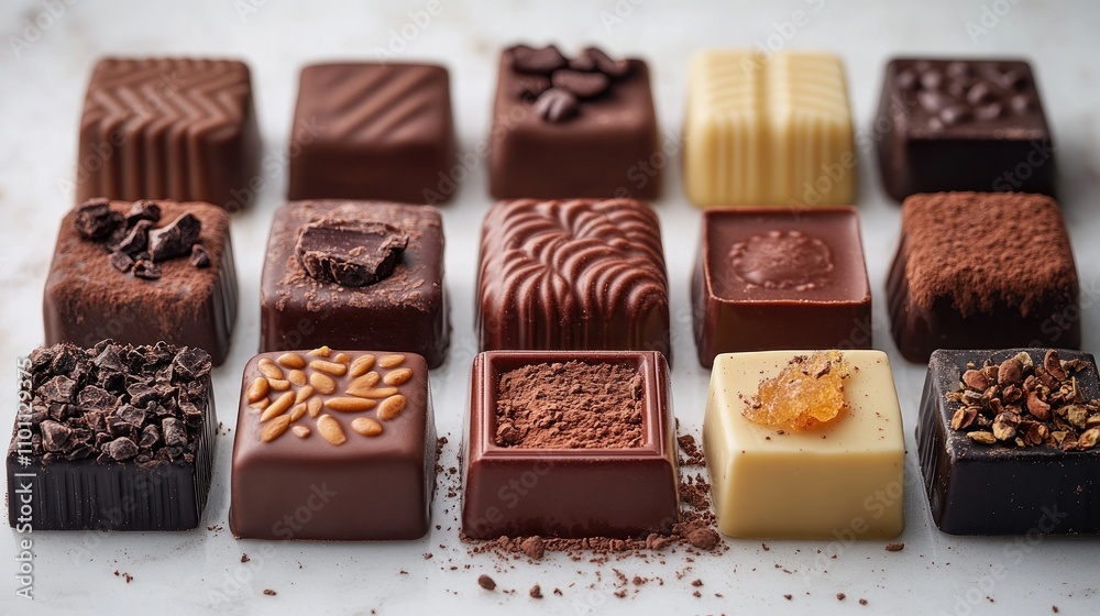 Poster assorted gourmet chocolates arranged on a white background showcasing rich textures and flavors in a