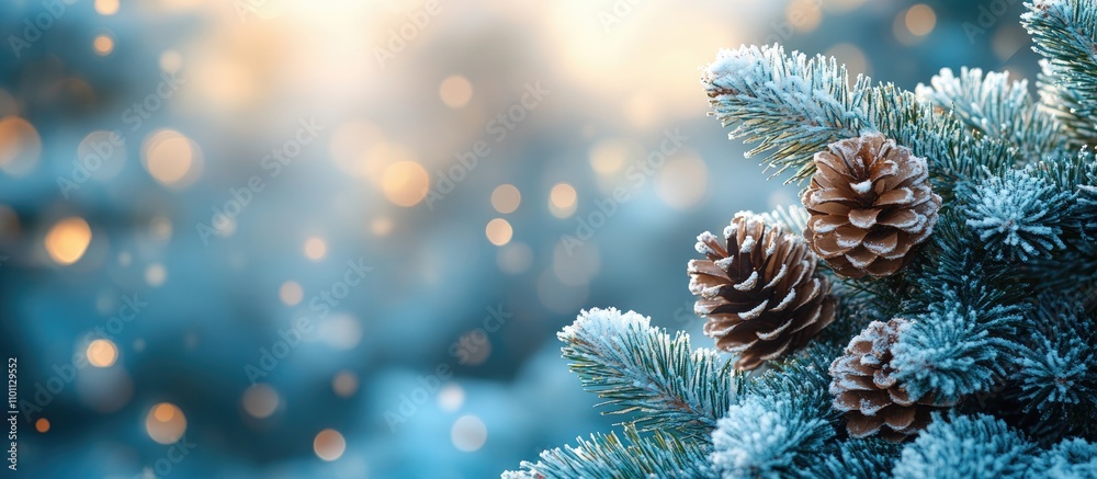 Poster snowy fir tree branches with pine cones in a serene winter landscape featuring blurred lights and a 