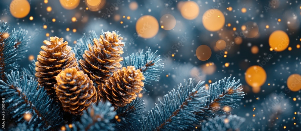 Poster pine cone christmas decorations with textured background and bokeh effect high quality holiday image