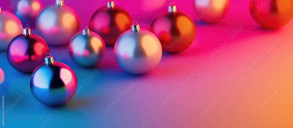 Poster colorful christmas ornaments arranged artistically on a bright gradient background creating a festiv