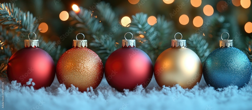 Poster festive holiday ornaments in vibrant colors arranged with soft snow and blurred lights creating a ch