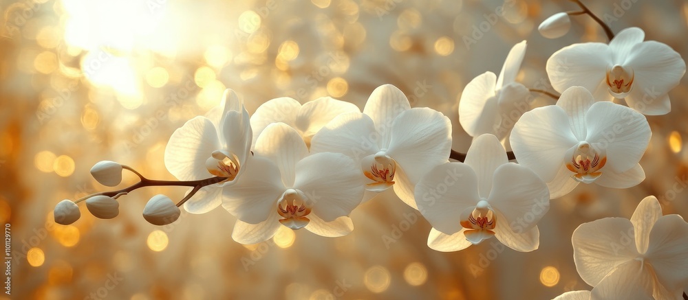 Poster elegant white orchid blooming in soft golden light with bokeh creating a fresh and serene atmosphere
