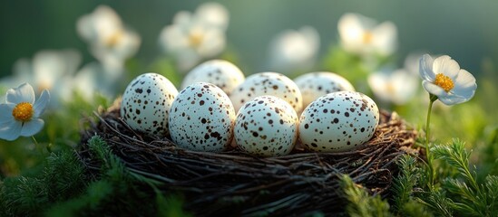 Obraz premium Easter celebration theme featuring a nest with speckled quail eggs surrounded by lush greenery and delicate white flowers.