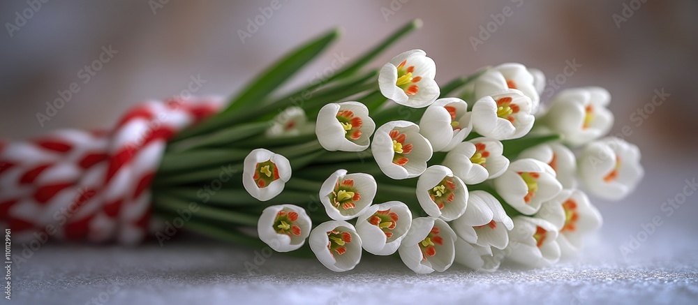 Poster Delicate snowdrop bouquet with red and white rope on a soft background ample copy space showcasing floral beauty and tranquility