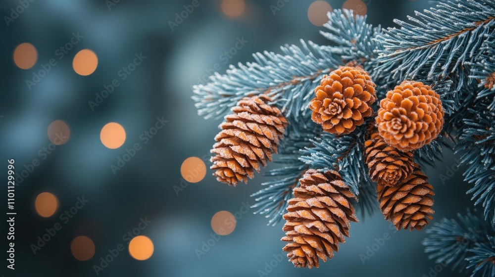 Aufkleber fir tree branch with pine cones against a blurred festive background capturing the essence of winter