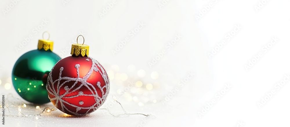Aufkleber christmas baubles in red and green surrounded by soft lights on a white background creating a festiv