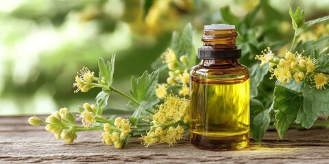 A bottle of essential oil accompanied by fresh blooming agrimony twigs, showcasing the beauty and benefits of agrimony in natural wellness and aromatherapy. Explore agrimony for soothing relaxation.