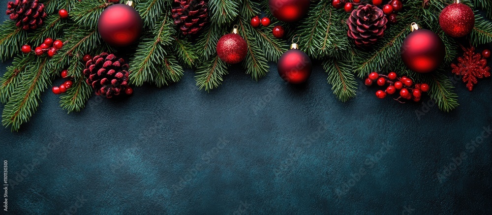 Poster christmas greeting card with fir tree branches pine cones and red ornaments on dark textured backgro