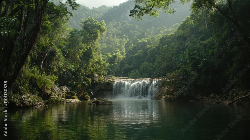Poster a serene waterfall cascades into a calm pool, surrounded by lush greenery and misty mountains in a t