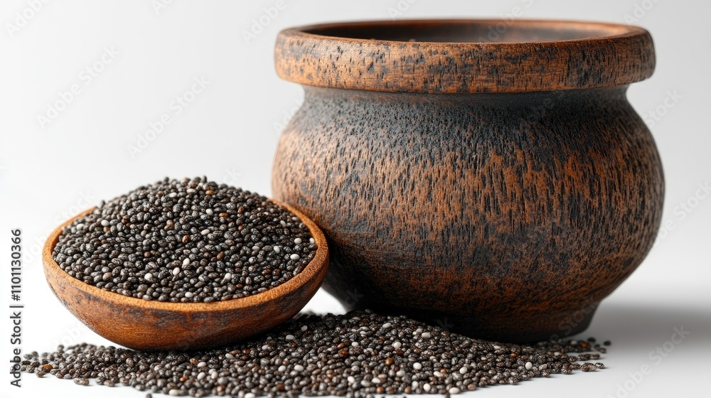 Aufkleber chia seeds in a rustic bowl and container showcasing healthy food options on a clean white backgroun