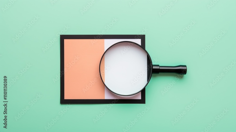Poster magnifying glass placed on a rectangular colored paper surrounded by a black frame against a pastel 