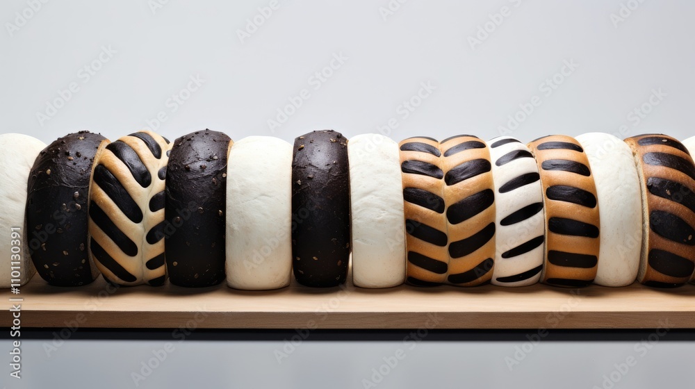 Poster elegant arrangement of black and white artisan bread rolls in slender rows on a wooden surface again