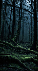 Dense dark forest background. Magical mystery night foggy forest