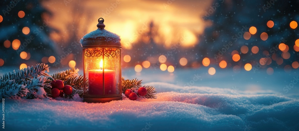 Poster christmas lantern with candle on snowy fir tree branch glowing in winter landscape with bokeh lights