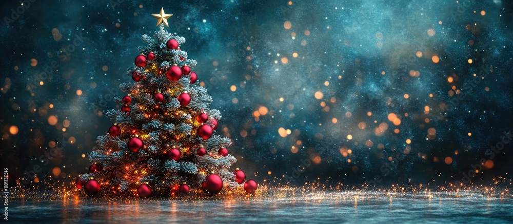 Aufkleber festive christmas fir tree decorated with ornaments and star on a dark shimmering background creatin