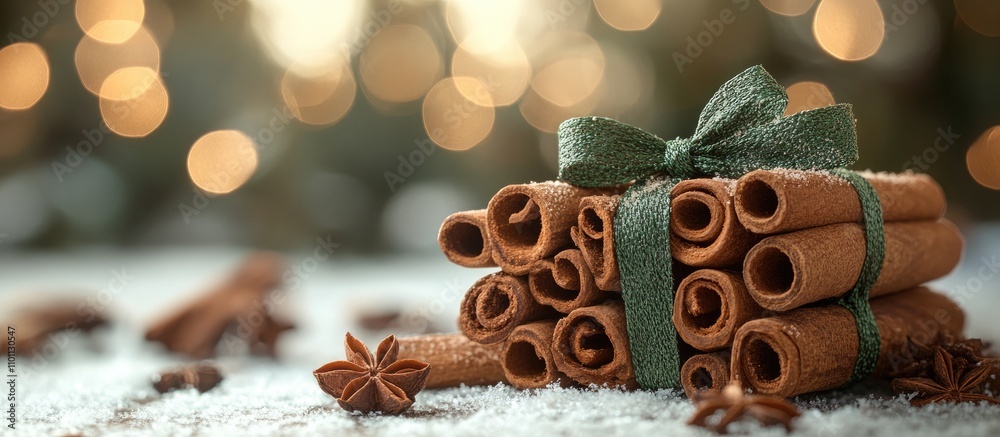 Poster cinnamon sticks tied with a green bow resting on a snowy surface with blurred warm lights in the bac