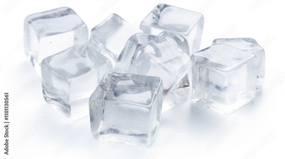 Poster Fresh clear ice cubes arranged on a clean white background ideal for beverages and culinary presentations
