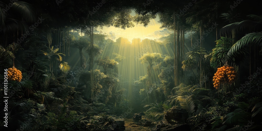 Aufkleber a serene jungle scene with sunlight filtering through dense foliage, illuminating vibrant plants and