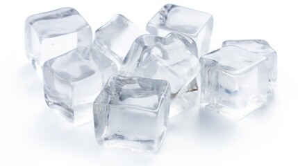 Fresh clear ice cubes arranged on a clean white background ideal for beverages and culinary presentations