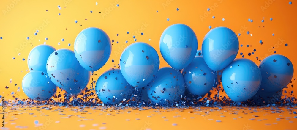 Poster blue balloons with ribbons and confetti creating a festive atmosphere on a vibrant orange background