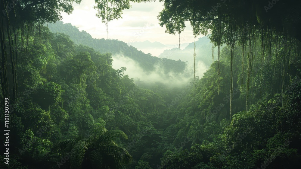 Poster a lush, mist-covered jungle scene with dense greenery and towering trees, evoking a sense of tranqui