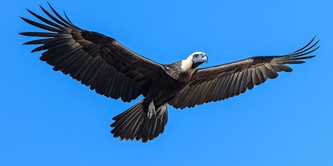 Obraz premium Andean Condor soaring gracefully through a clear blue sky, showcasing the majestic beauty of the Andean Condor in its natural habitat. A stunning representation of the Andean Condor in flight.