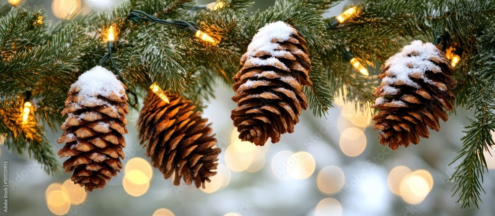Aufkleber snowy pine cones on fir branch with lights against a soft bokeh backdrop of a snowy fir tree ideal f