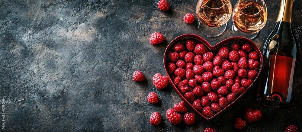 Aufkleber heart-shaped candy in a box with wine glasses and champagne bottle on a textured stone background pe