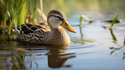 Obraz premium Female Mallard Duck Swimming Gracefully Among Green Reeds in Calm Reflective Water During a Soft Sunrise in Nature