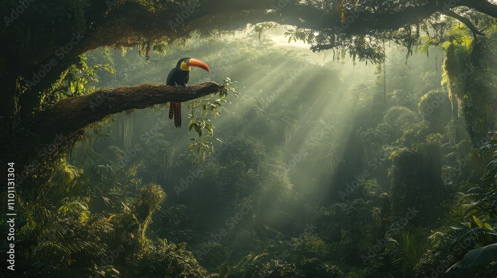 Aufkleber A vibrant jungle scene featuring a toucan perched on a branch, with sunlight filtering through the dense foliage, creating an enchanting atmosphere.