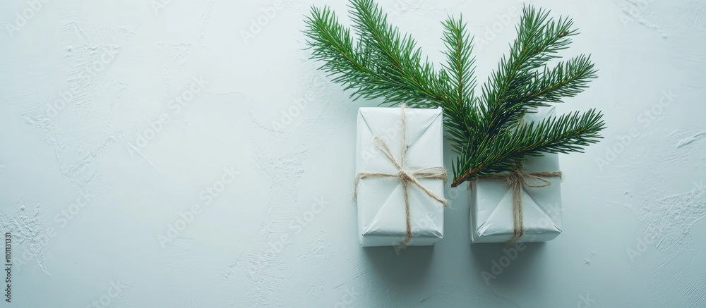 Poster christmas gift boxes with fir branches on a white background flat lay composition with ample copy sp