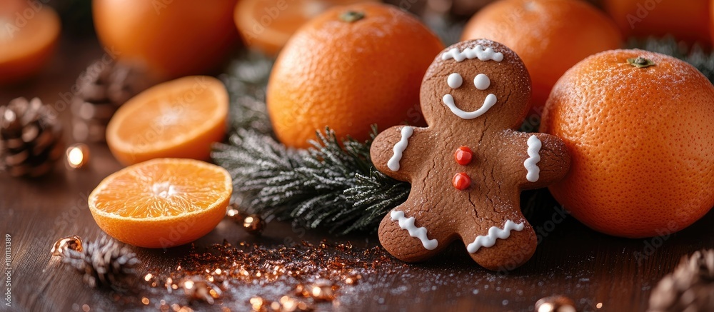 Aufkleber gingerbread man on wooden surface surrounded by festive wreath tangerines and pinecones creating a c