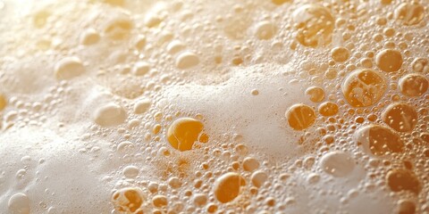 Obraz premium Close up of beer foam texture, showcasing a porous ale bubble background in macro detail. This colored bar lager backdrop highlights the unique qualities of beer foam texture.
