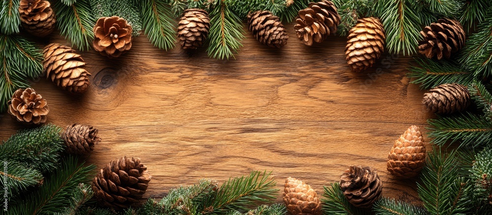 Poster christmas backdrop with fir branches and pine cones on a rustic wooden table creating a festive and 