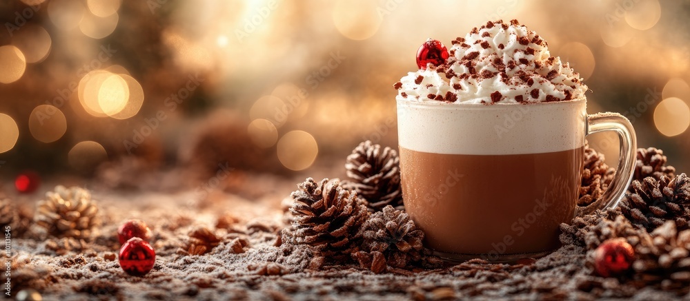 Poster Cozy festive backdrop with hot cocoa topped with cream and chocolate, surrounded by pine cones and a warm bokeh effect for holiday cheer.