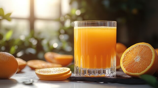 Freshly squeezed orange juice in a glass with vibrant orange slices on a bright background showcasing a refreshing summer beverage. - Powered by Adobe
