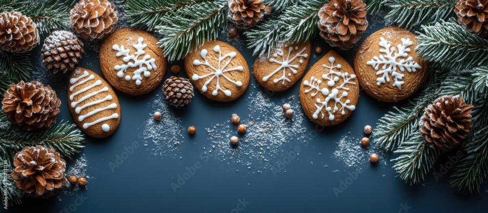 Poster festive gingerbread cookies adorned with icing alongside snow-dusted fir branches and pinecones agai